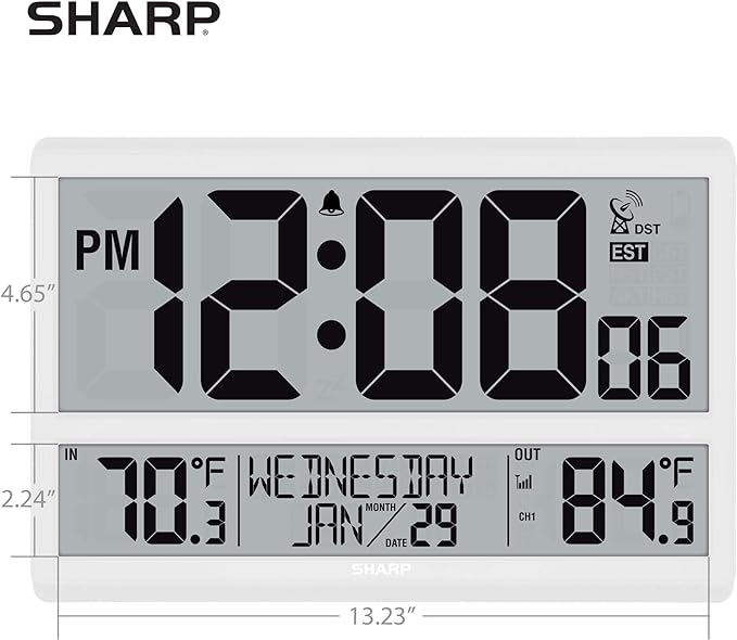 Sharp Atomic Clock - Never Needs Setting! –Easy to Read Numbers - Indoor/Outdoor Temperature, Wireless Outdoor Sensor - Battery Powered - Easy Set-Up (4" Numbers)