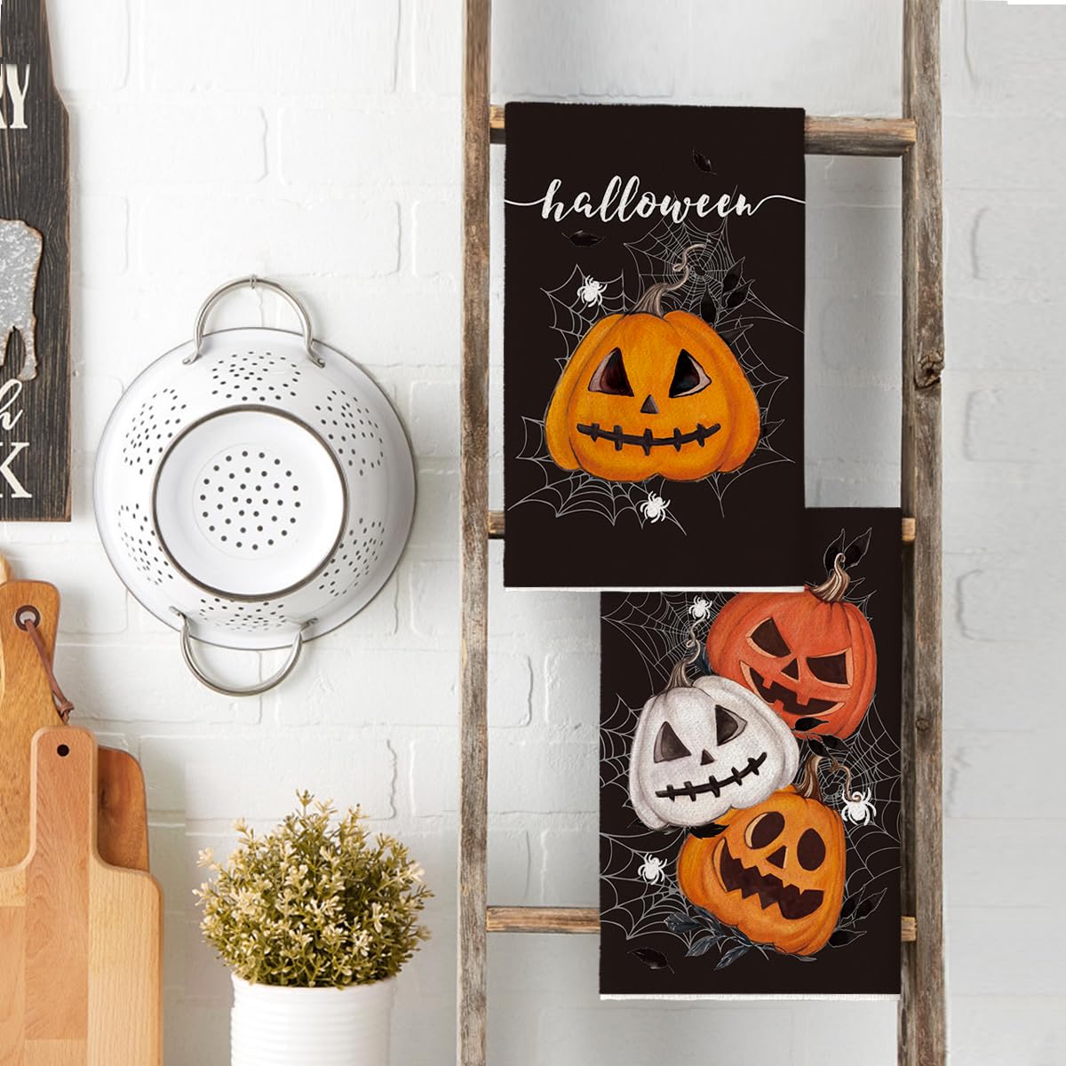 Artoid Mode Black Pumpkin Halloween Kitchen Towels Dish Towels, 18x26 Inch Spider Web Jack-O'-Lantern Decoration Hand Towels Set of 2