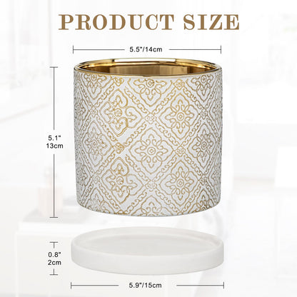 Ceramic Plant Pots with Drainage Hole & Saucer, White & Gold Ceramic Planter Pot for Indoor & Outdoor Use, 5.5" Small Plant Pots Decorative Flowerpots for Succulents, Herbs, Cactus, Orchids Planter