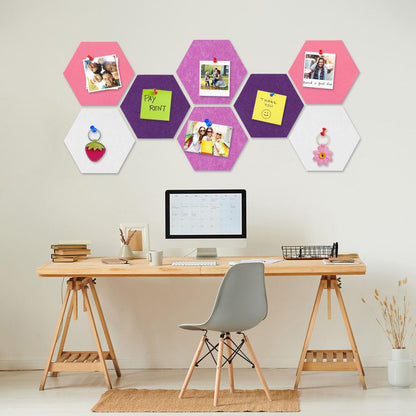 8 Packs White Purple Pink Hexagon Felt Pin Board, 12" Bulletin Board with 30 Push Pins, Felt Board for Home Kitchen Office Decor, Self-Adhesive Corkboard Tiles for Walls Message Photos Memos Display