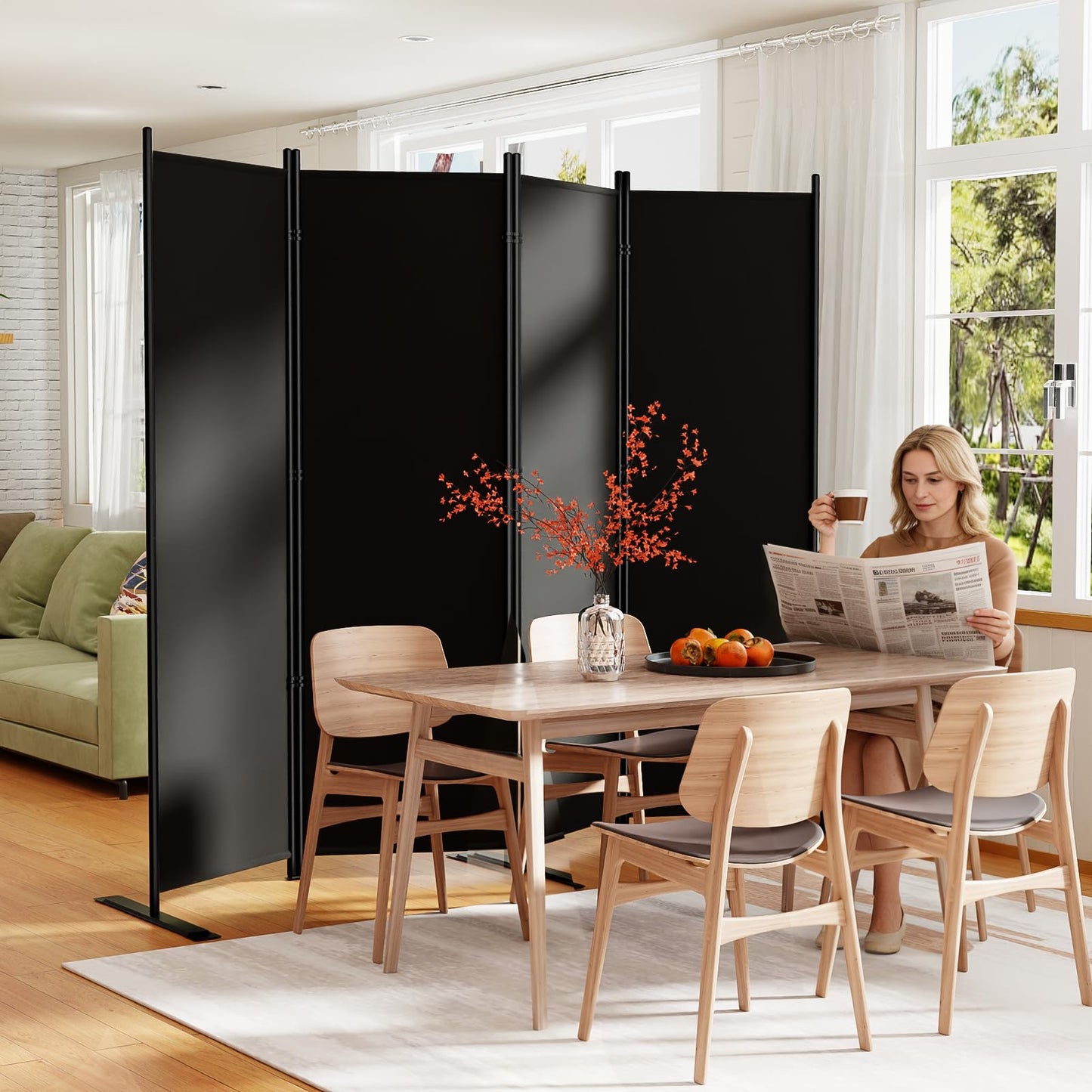 SUNALLY Room Divider 6FT Folding Privacy Screens, 4 Panel Fabric Divider for Room Separation, 88" W Freestanding Portable Wall Dividers Screen for Home Dorm Studio Office, Black