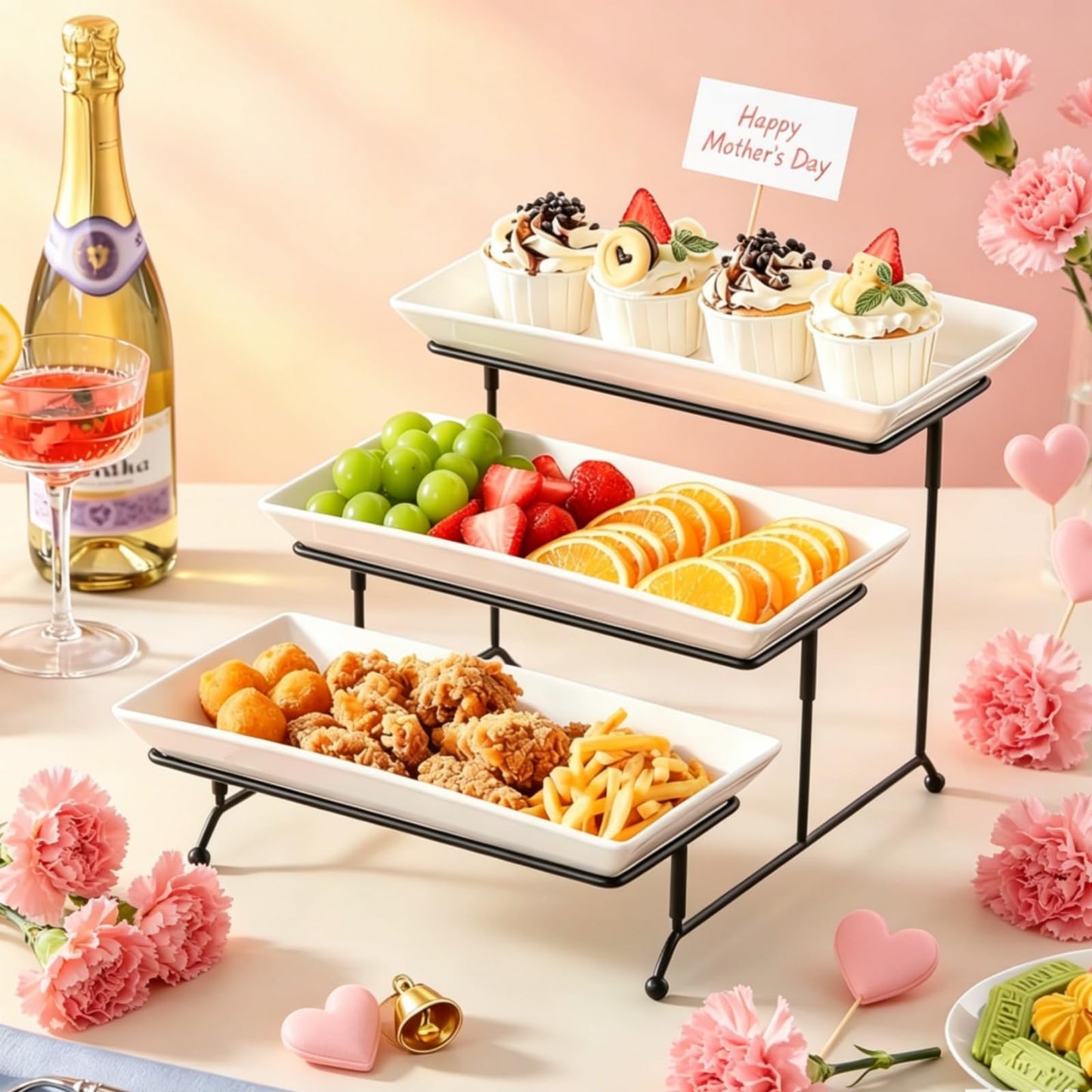 MALACASA 3 Tier Serving Trays for Party, Porcelain Serving Platters and Trays, 12 Inch Tiered Tray Stand, Fruit Tray, Trays for Serving Food, White Dessert Stand with Collapsible Sturdier Metal Rack