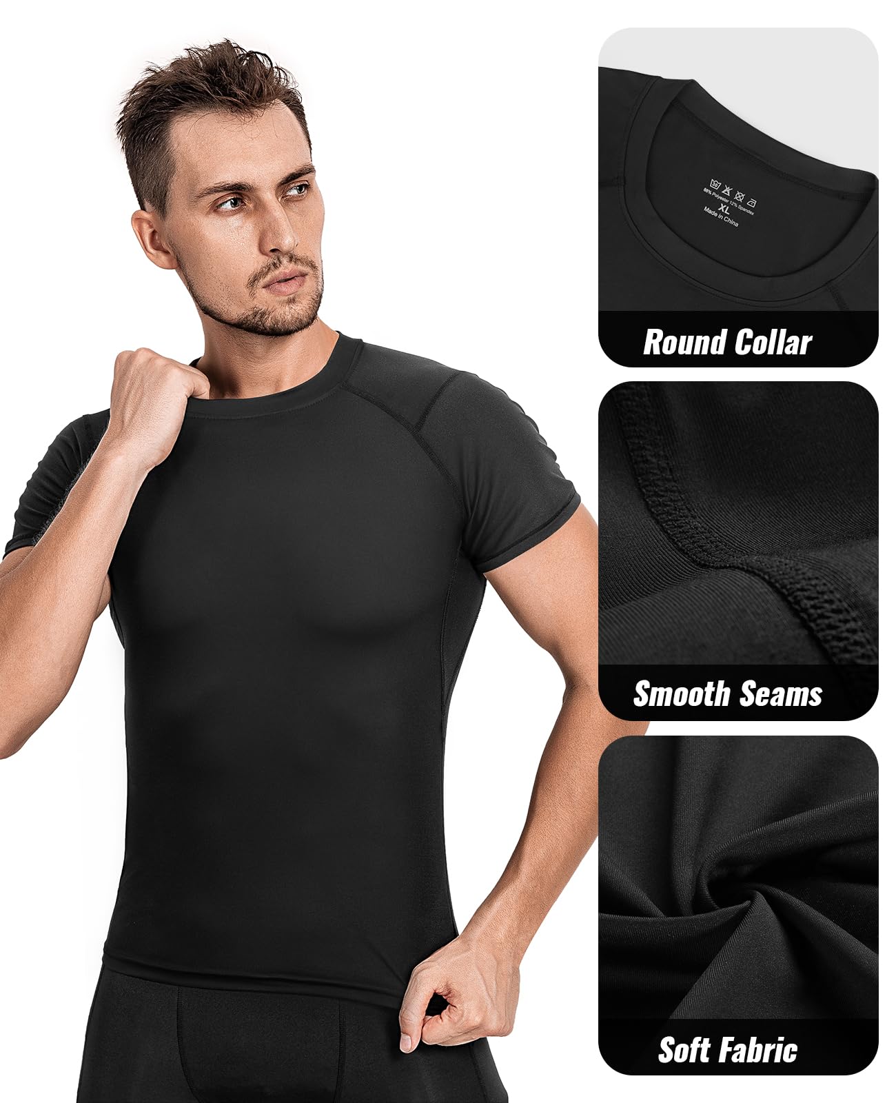 Niksa Men's Compression Shirts 3 Pack,Short Sleeve Athletic Compression Tops Cool Dry Workout T Shirt