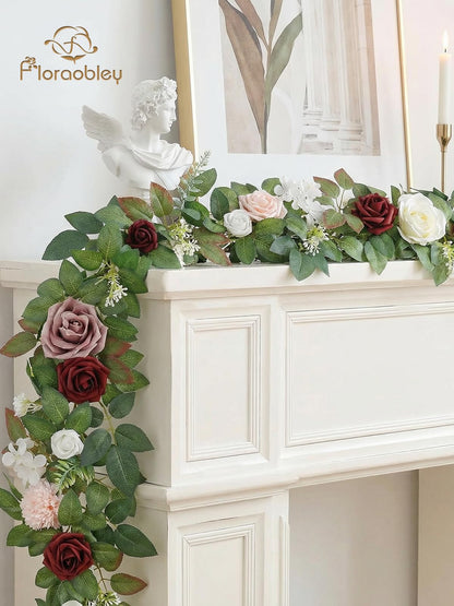 Floraobley 5.5FT Artificial Flower Garland Burgundy Rose & Greenery for Wedding Arch Backdrop Table Centerpiece Mantel Decor, with 3D Butterflies & Decorative Accessories
