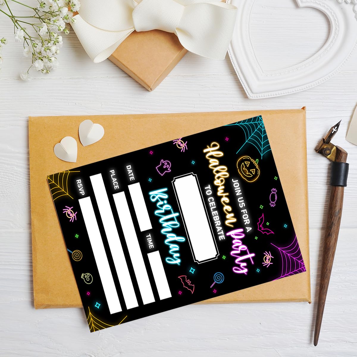 20 Kid Neon Glow Halloween Birthday Party Invitations with Envelopes