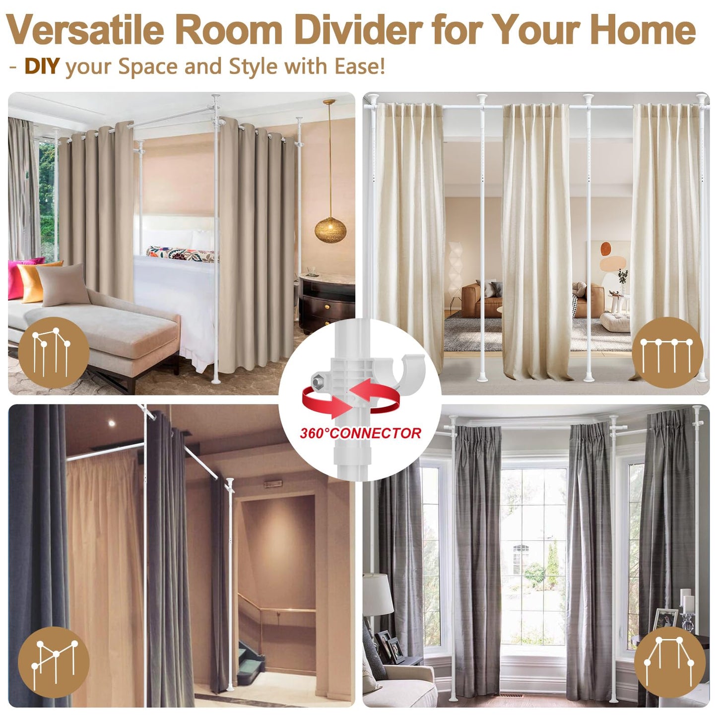 Room Divider Curtain Rod - 4-10ft(H) 28-171inch(W) Adjustable No Drilling Curtain Divider for Room Separation,Heavy Duty Floor to Ceiling Curtain Stand,Wall Divider for Space Separator Partition,White