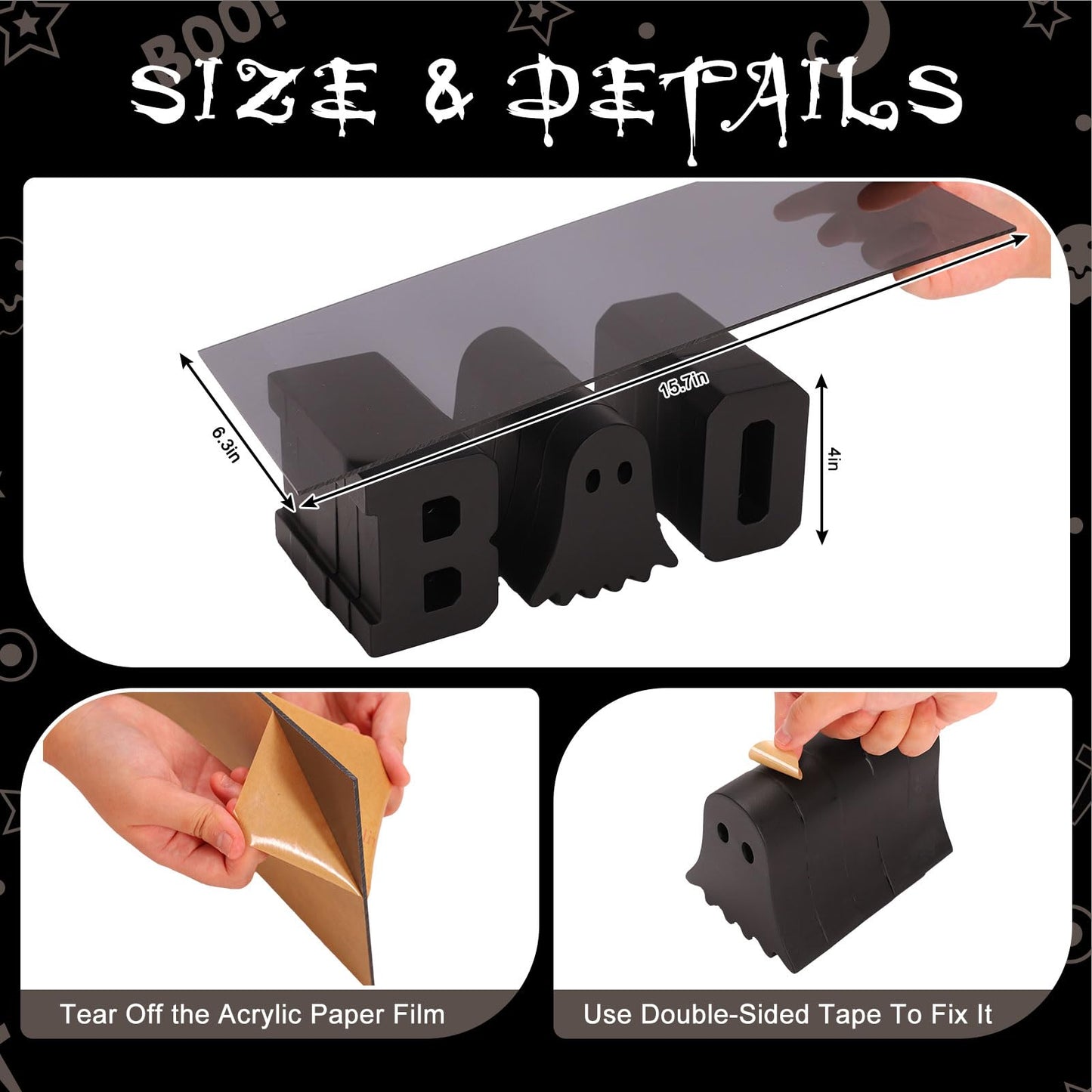 Whaline Halloween Ghost Cupcake Stand Black Ghost Boo Acrylic 6.3 x 15.7 Inch Clear Dessert Display Holder Tray for Holiday Birthday Trick or Treat Party Decoration