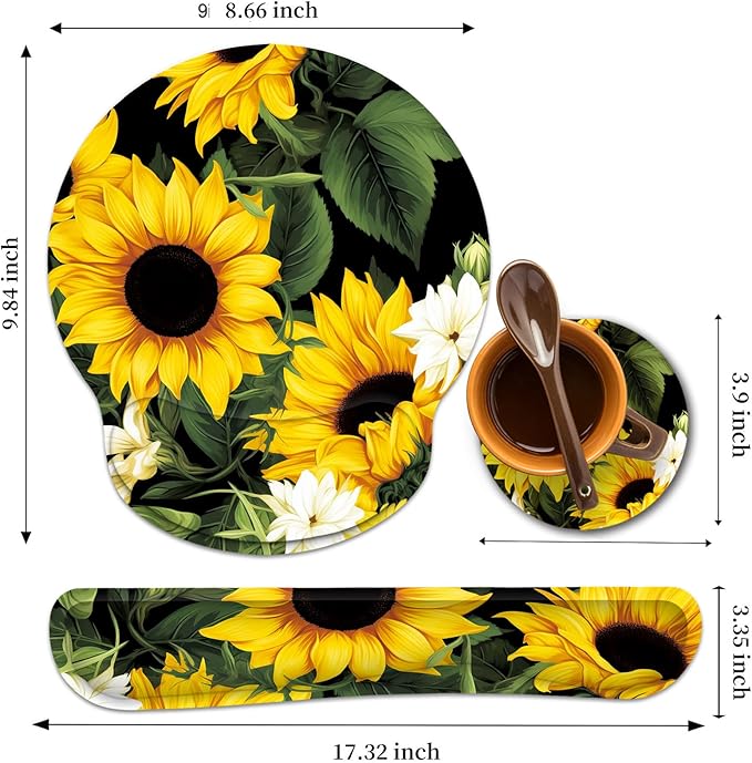 Keyboard Wrist Rest and Mouse Wrist Rest Pad with Cup Coaster,Made of Memory Foam,Ergonomic Support,Easy-Typing and Pain Relief,for Gaming Office Home Computer,Nice Sunflowers Floral