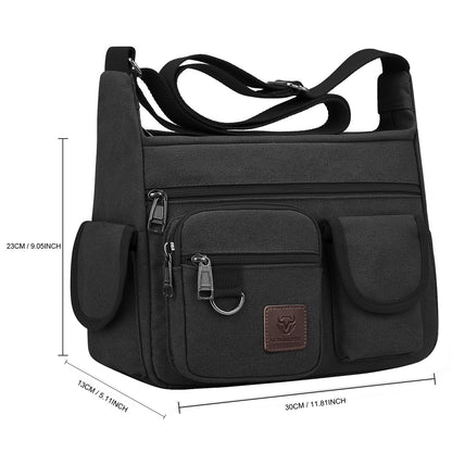 LEBULLBRO Canvas Shoulder Bag for Mens Multi-pockets 13 inch Laptop Messenger Bag Sling Bags School Crossbody Bags Travel (Black)