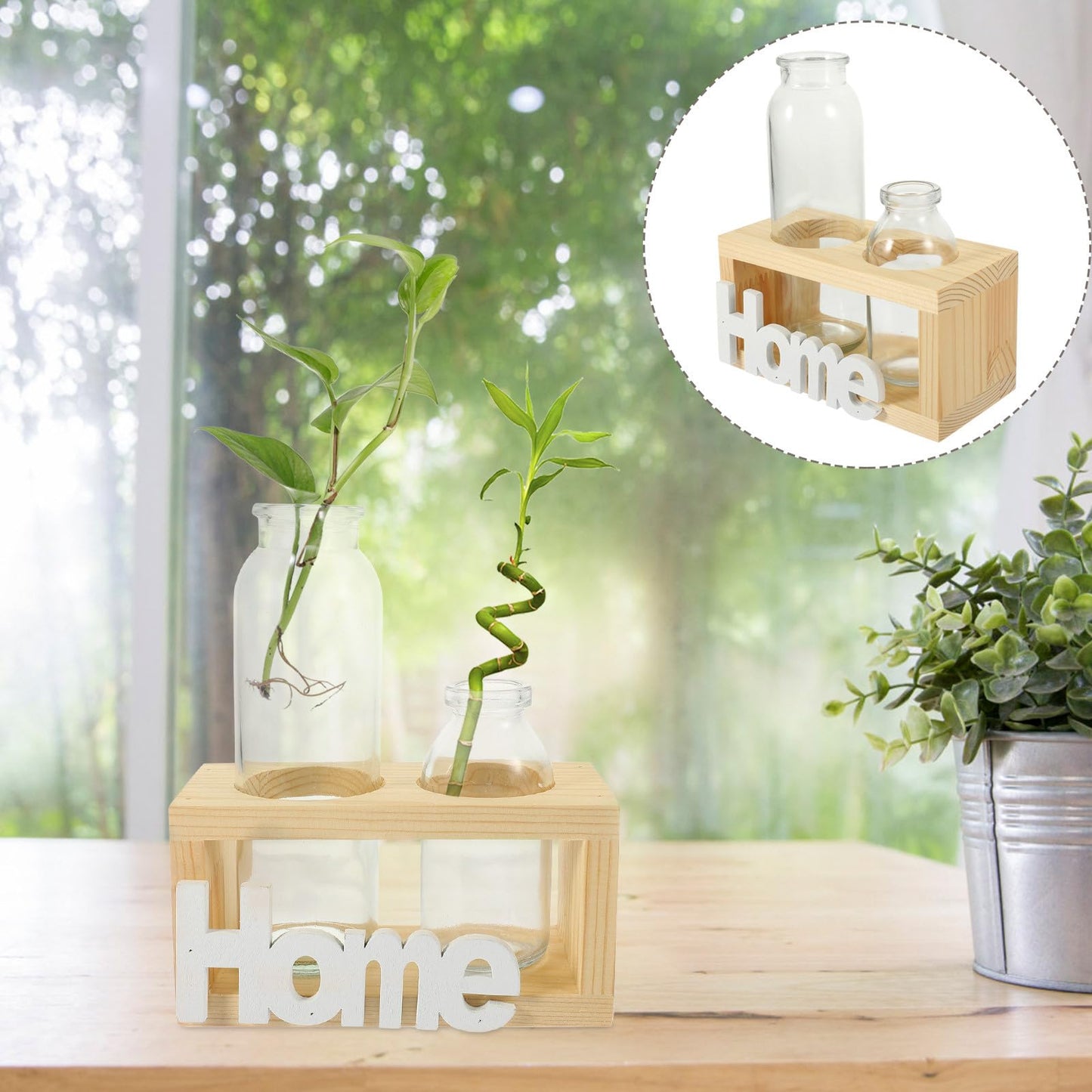 Garneck Nordic Style Hydroponic Glass Flower Vase Set with Wooden Rack, 2pcs Desktop Planter for Indoor Plants, Air Plant Terrarium, Creative Home Décor Centerpiece