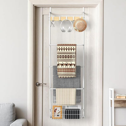 Over The Door Towel Rack,5-Tier Over Door Towel Racks for Bathroom,Towel Rack with Hooks and Basket Door Hanging,Blanket Ladder for Living Room White
