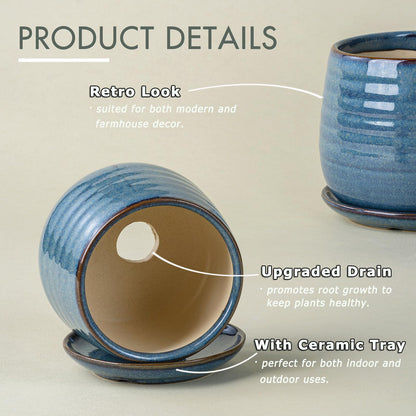 MISSYSSIM Ceramic Plant Pots with Drainage Holes and Saucers, Indoor Flower Pots for Plants Set of 3, 3.4+4.7+6.1 inch Cute Garden Pots Set for Succulent and Money Tree, Gift for Housewarmings, Blue