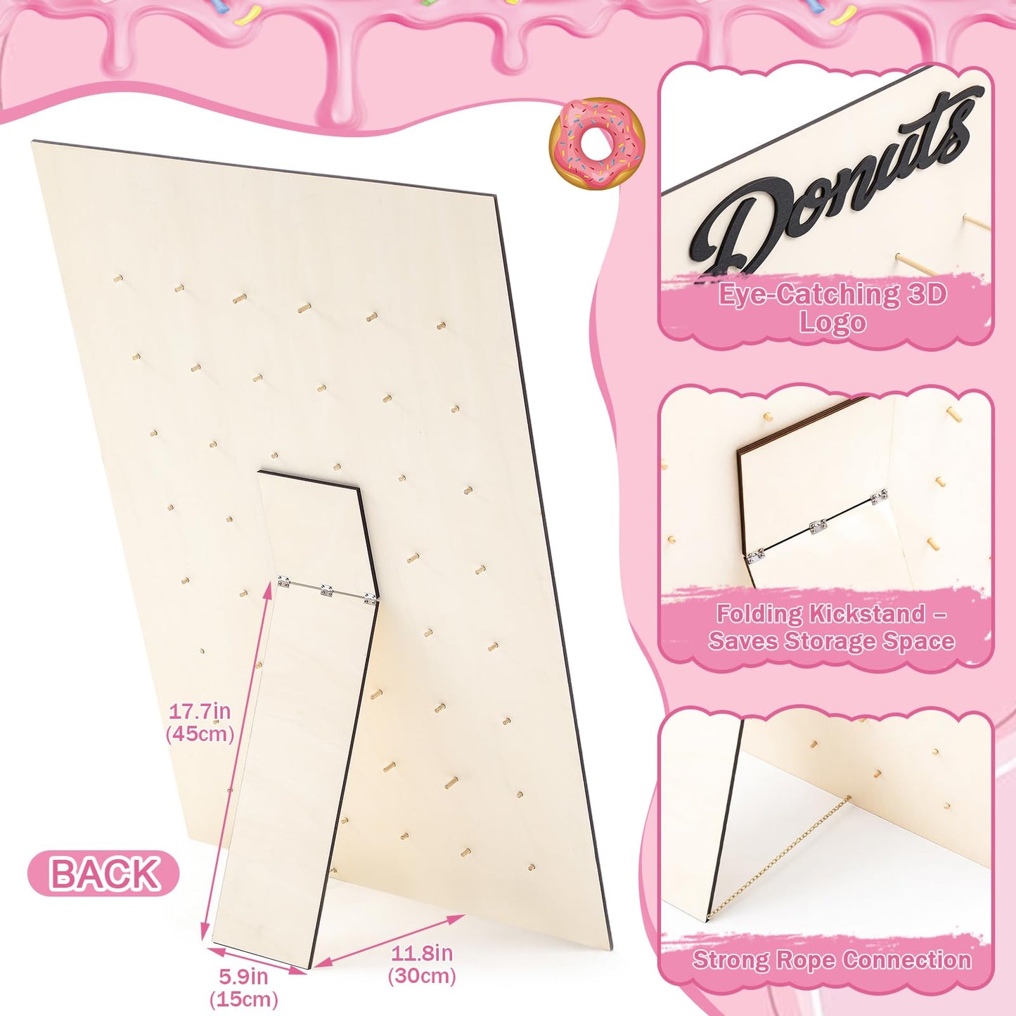 Threehoney 39.4" x 26" Extra Large Donut Wall Display Stand for 96 Donuts, Solid Wood Donut Wall Board for Wedding, Baby Shower, Birthday Party, Dessert Table Decorations(Natural)