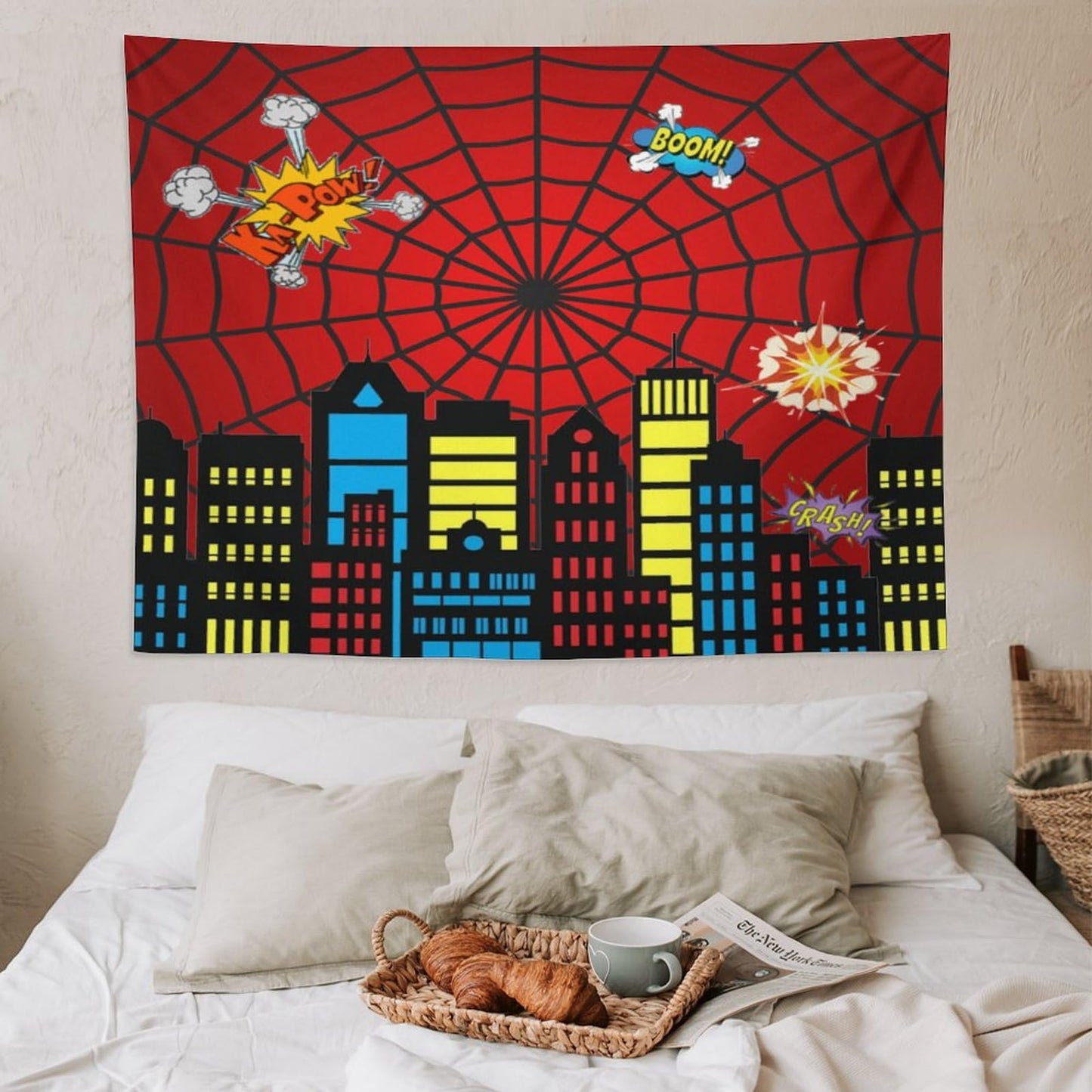 Spider Web Tapestry,Red and Black Design Spider Web Tapestry for Boys Girls Teens,Super City Tapestry Wall Hanging Home Décor for Game Room Play Room Bedroom Living Room 80" x 60"