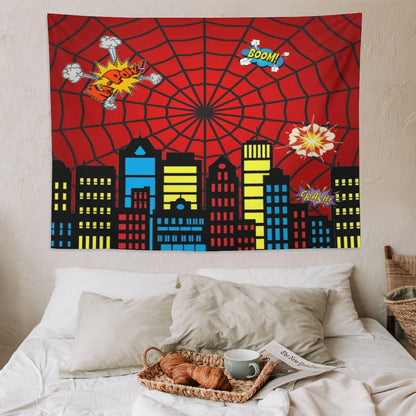 Spider Web Tapestry,Red and Black Design Spider Web Tapestry for Boys Girls Teens,Super City Tapestry Wall Hanging Home Décor for Game Room Play Room Bedroom Living Room 80" x 60"