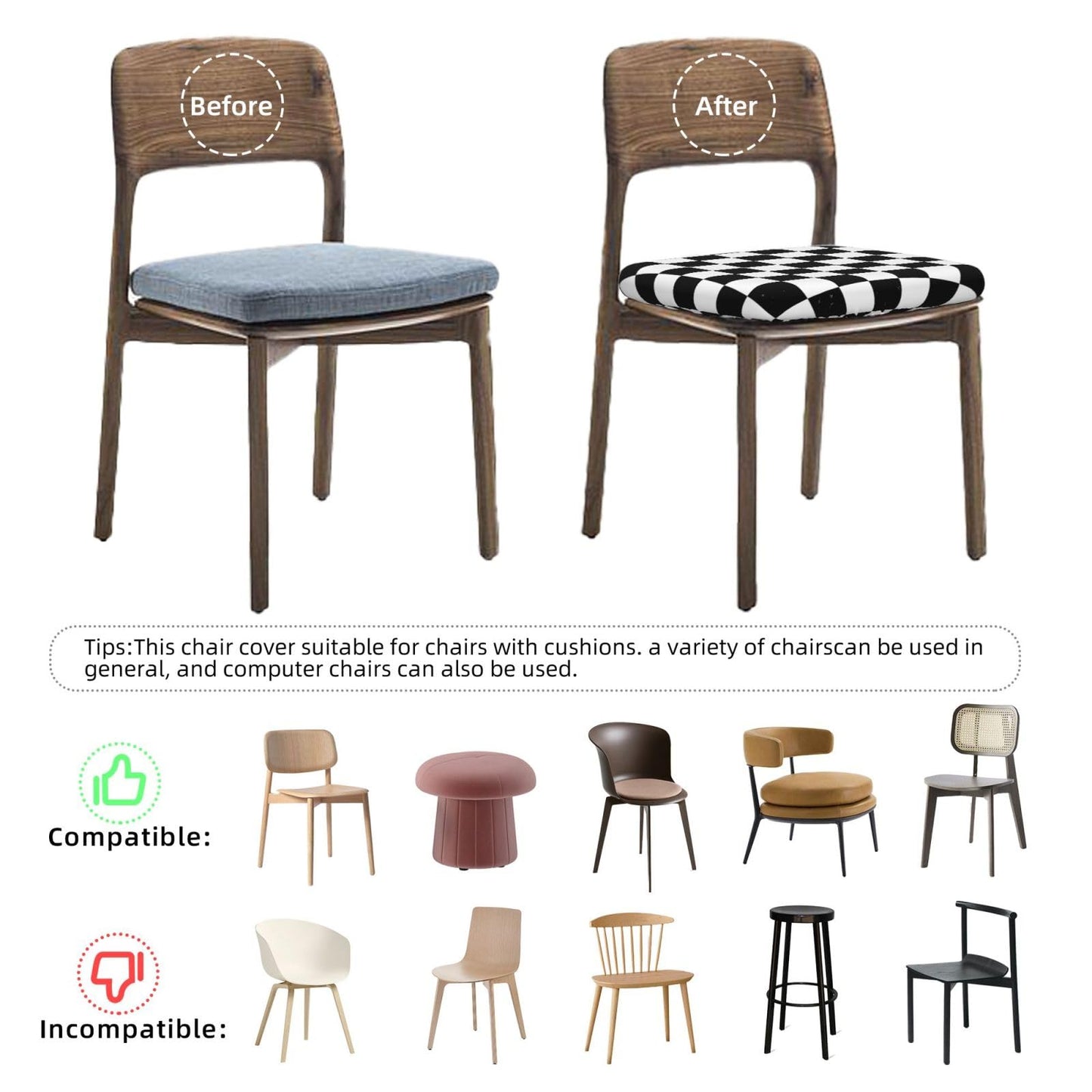 Yakelo Seat Covers for Dining Room Black and White Checkered Chair Seat Slipcovers Kitchen Chair Covers Removable Washable Stretch Dining Chair Covers 4 Pcs