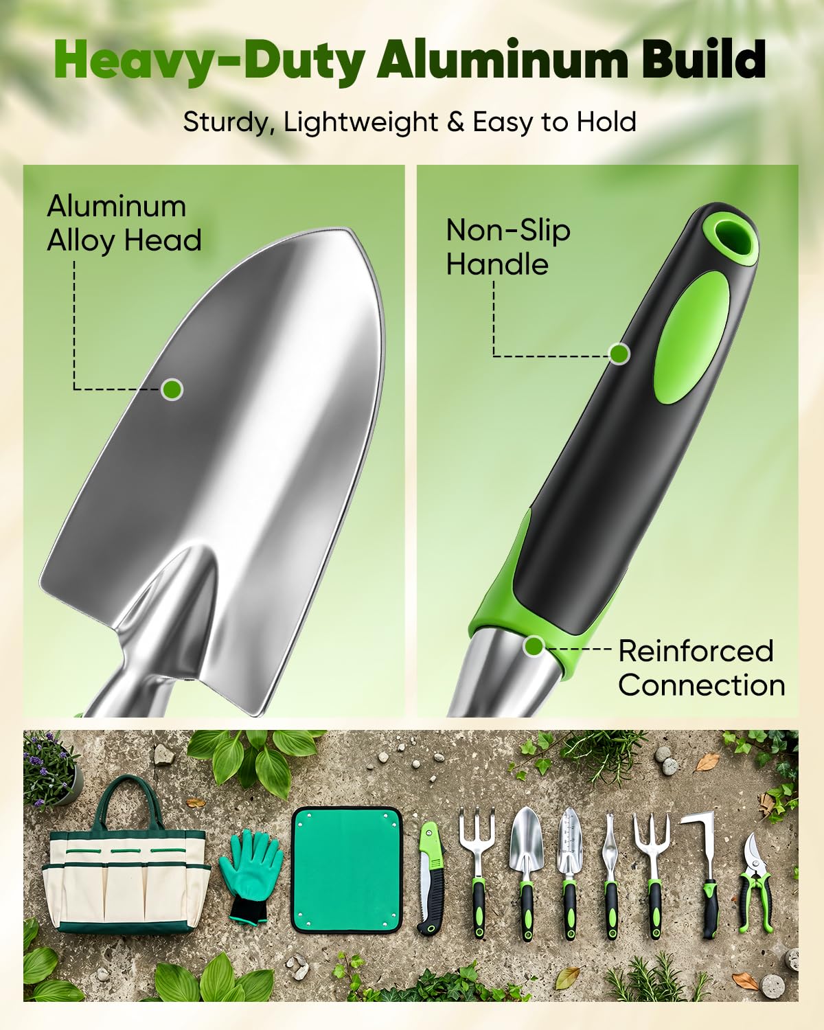 Garden Tool Set Gardening Tools - Heavy Duty Aluminum Tool Kit with Non-Slip Handle, Gardening Gloves and Tool Bag for Weeding, Planting and Pruning, Gifts for Women Mom (Green Set)