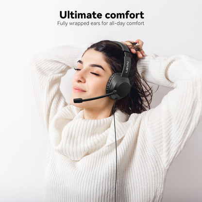 LEVN Headset with Mic, USB Headset with Microphone for PC, Headphones with Mic for Pc with Noise Canceling Microphone for Laptop, USB Headphones for Work from Home/Call Center/Open Office, Black
