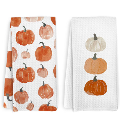 KFXHANGD Fall Pumpkin Decor Kitchen Towels and Dishcloths Set of 2, Fall Thanksgiving Day Hand Dish Towel, Farmhouse Autumn Pumpkins Decorative Hand Tea Towels for Bathroom Kitchen, 16×24 Inch