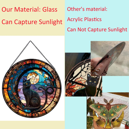 Payutou Black Cat Stained Glass Window Hangings,Suncatcher Stained Glass for Windows for Cat Lovers,20cm/7.87inch Hand-Painted Sun Catcher Garden Hangings Halloween Fall Christmas Decor for Home