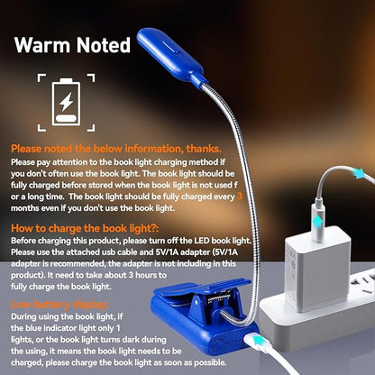 VAVOFO Rechargeable Book Light for Reading in Bed Kids, 7 LED Reading Light with 9-Level Warm Cool White Daylight, Eye Care Lamp with Power Indicator for Bookworms (Royal Blue)