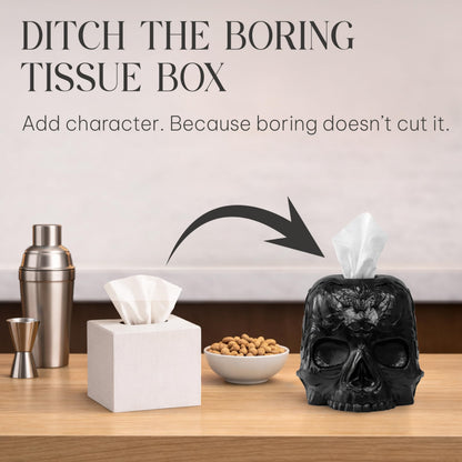 Death Decor Gothic Skull Tissue Box Cover – Heavyweight Square Tissue Holder – Won’t Move When Pulling a Tissue – Black Home & Bathroom Décor – Home Gift for Women & Men, Goth, Horror
