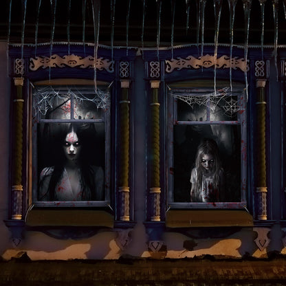 Newwiee 2 Pcs Scary Halloween Curtain Window Silhouette Cover Decoration Theme Poster for Indoor Outdoor Party Wall Door(Female Ghost)