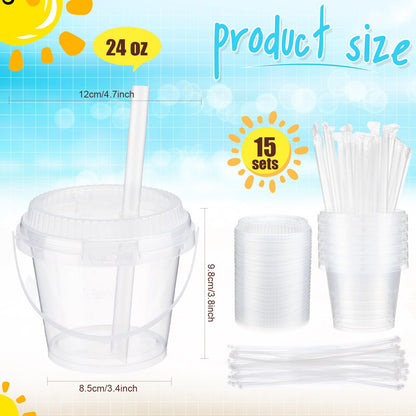 Funnymoom 15 Set 24 oz Clear Drink Buckets with Lids and Straws, Disposable Plastic Rum Cocktail Pails with Handles, Large Smoothie Cups for Adult Bachelorette Party Supplies, Beach & Catering Events