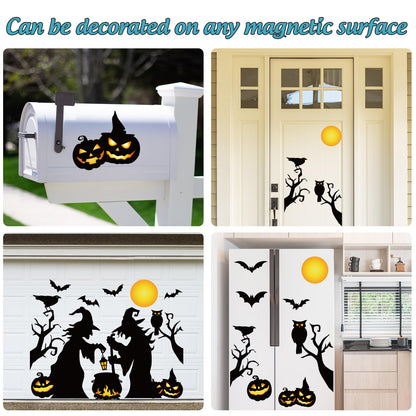 JarThenaAMCS 17Pcs Halloween Witch Garage Decoration Magnet Stickers Withered Tree Pumpkin Bat Refrigerator Decals for Hocus Pocus Party Home Door Car Decor