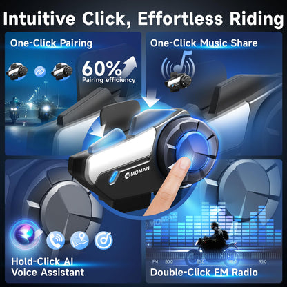 Moman Motorcycle Intercom, H2S Motorbike Helmet Headset 2-Way 1000M Communication System with Triple Noise Cancellation Audio Multitasking Hi-Fi Stereo Music Sharing FM AI Voice Waterproof, 2 Pack