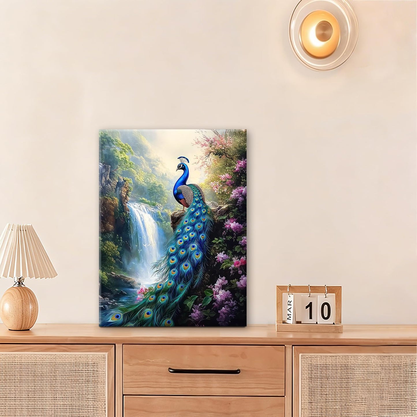 Peacock wall art, Flower Waterfall Pictures Wall Decor, Peacock Canvas Prints Painting, Framed Fashion Artwork for Bathroom Bedroom Living Room Kitchen Dinning Room Office Home Decoration 12x16