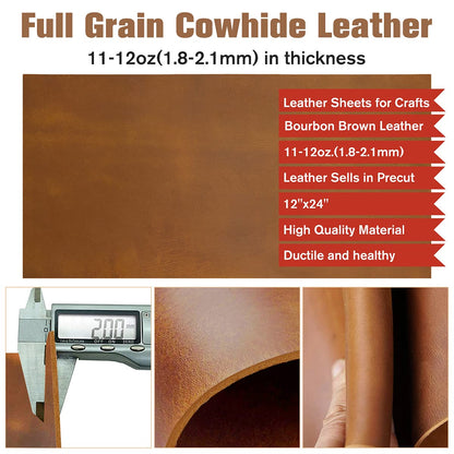 Thick Full Grain Leather Sheets for Crafts Genuine Cowhide Tooling Leather Square Pieces 1.8-2.1mm for Crafts Sewing Hobby Workshop Bourbon Brown 12"x24"