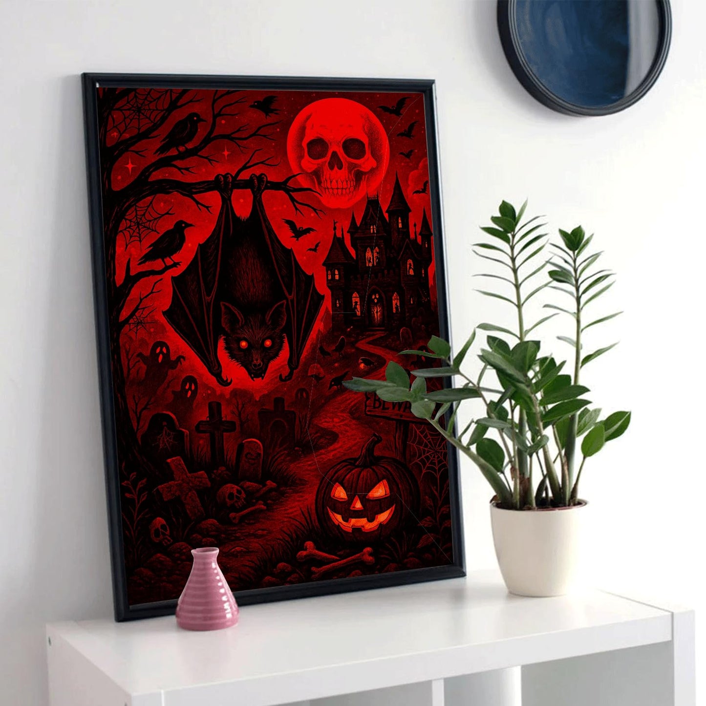 Halloween Gothic Framed Wall Art, 16x12 Vertical Black Frame, Haunted Castle Skull Moon Bat Graveyard Ink Print for Spooky Home Decor