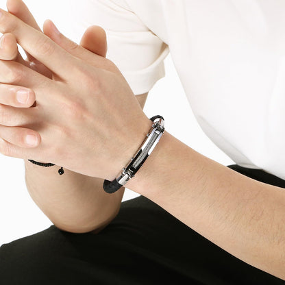 Azubpi Black Braided Leather Bracelet for Men, Stainless Steel Push-In Clasp Casual Fashion Jewelry Gift for Him