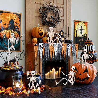 XIMISHOP 5pcs Halloween Skeleton Decoration, 16" Full Body Posable Hanging Skeleton with Movable Joints for Graveyard Haunted House Indoor Outdoor, White