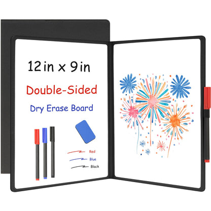WALGLASS Double-Sided Small White Board Dry Erase, 12'' x 9'' Portable Reusable Whiteboard Notebook, Foldable Mini Handheld Board for Student Practice, Home, School, Office, Travel - Black PU Leather