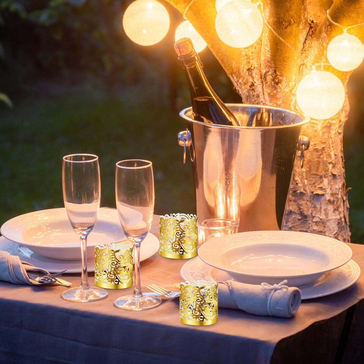 Tealight Votive Wrap Votive Candle Holders Laser Cutting Paper Candle Holder for Table LED Tealight Decor Party Wedding (Gold,100 Pieces)