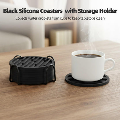 8 Pcs Black Silicone Coasters Set with Storage Holder, 3.9 in Round Modern Groove Pattern Drink Mats, Thick Non-Slip Coasters for Home Office Tabletop Protection