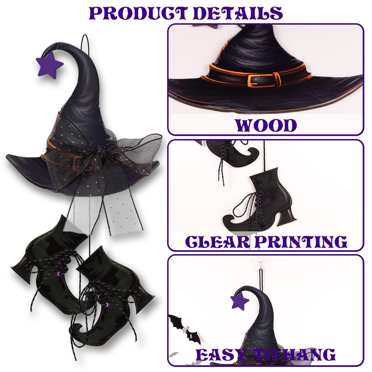 Halloween Witch Hanging Door Decor - Hocus Pocus Hat Shoes Sign Wreath Wooden Decorations with Bats for Wall Outdoor