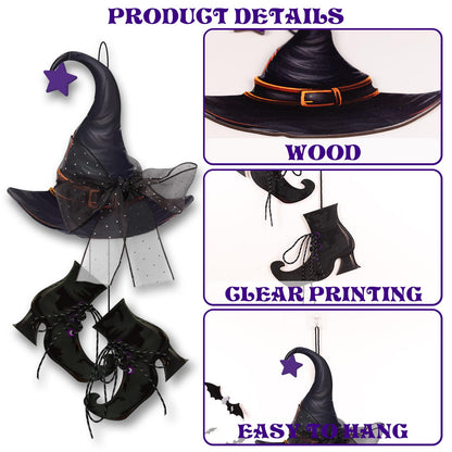 Halloween Witch Hanging Door Decor - Hocus Pocus Hat Shoes Sign Wreath Wooden Decorations with Bats for Wall Outdoor