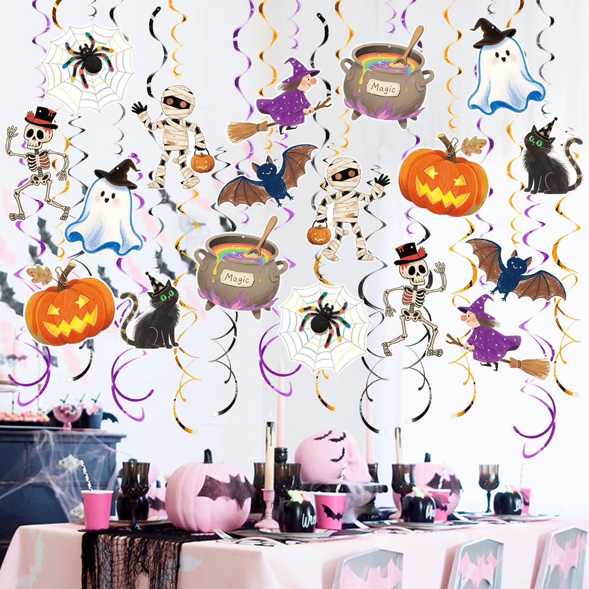 30Pcs Halloween Hanging Swirl Decorations Pre-Assembled Ceiling Streamers with Ghost Pumpkin Spider Skull Cutout Decor for Halloween Birthday Party Baby Shower Office School Home Decorations