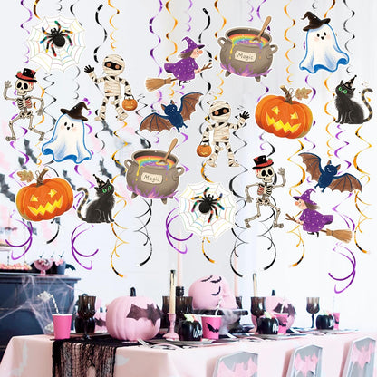 30Pcs Halloween Hanging Swirl Decorations Pre-Assembled Ceiling Streamers with Ghost Pumpkin Spider Skull Cutout Decor for Halloween Birthday Party Baby Shower Office School Home Decorations