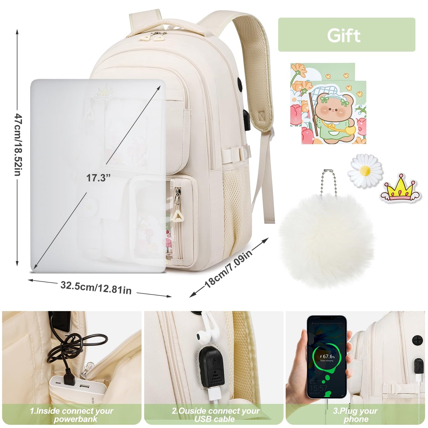 kadilong 17.3 Inch School Backpack for Teen Girls,Cute Backpacks for Women Aesthetic Bookbag Laptop Bag Back Pack for Middle School