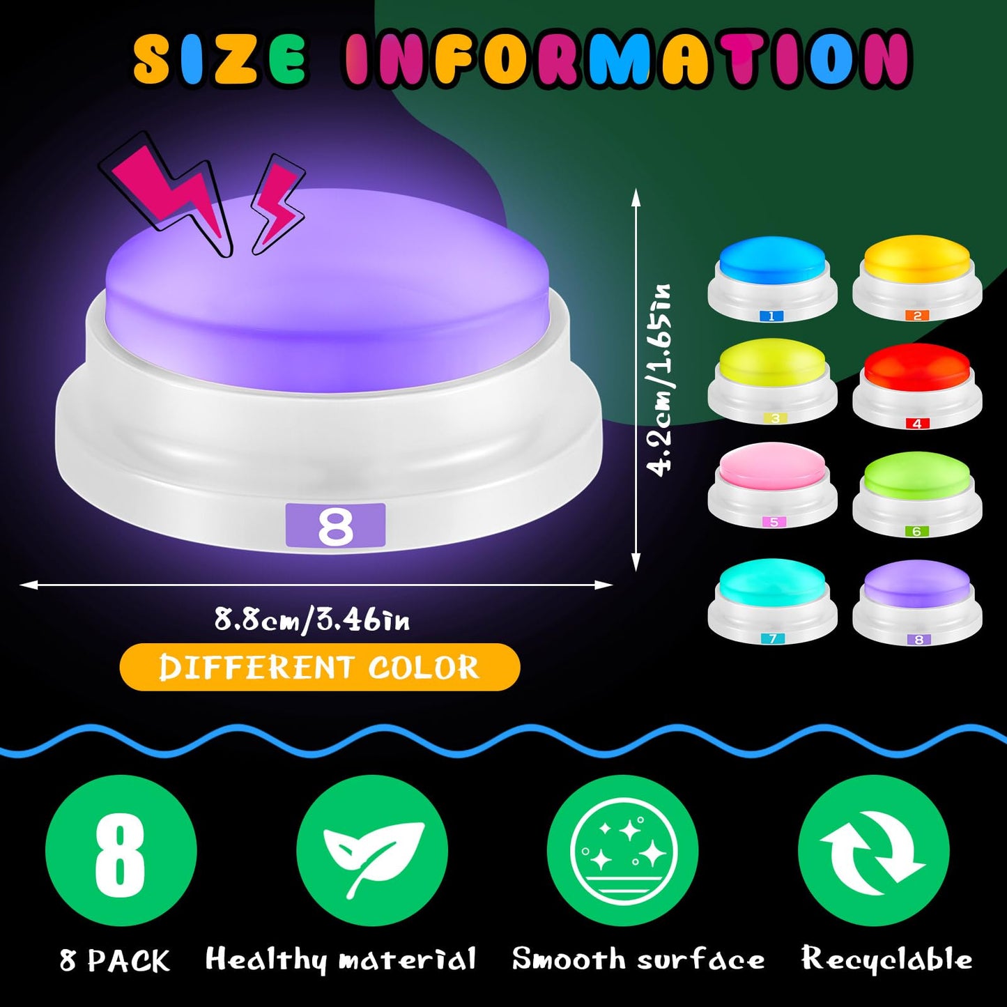 8 Pack Recordable Game Buzzers with Lights & Sound – Loud Trivia & Family Feud Buzzers for Classroom, Parties & Game Nights