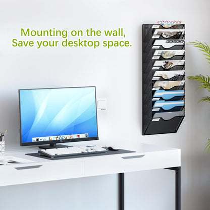 EasyPAG 10 Pocket Mesh Wall File Organizer, Hanging Paper Folder Holder with Classify Label, Vertical Wall Mount Mail Organizer for Office Home Classroom, Black