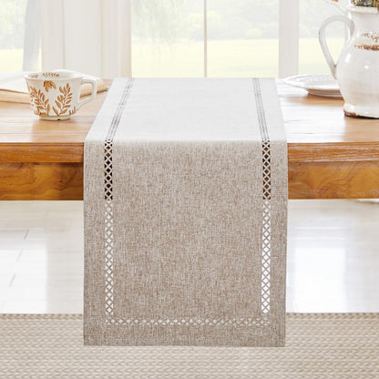 Aoztio Burlap Style Farmhouse Table Runner, 13 x 48 Inch Coffee, Rustic Geometric Hollow Table Runners 48 Inches Long for Dresser Table Everyday Use, 13x48 Inches, Coffee