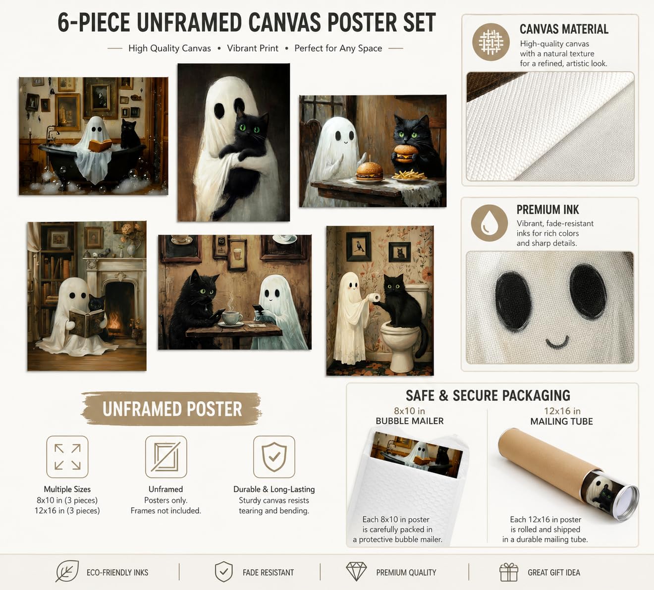 6Pcs Halloween Ghosts Wall Art Ghost Black Cat Funny Gothic Wall Decor Pictures Retro Horror Creepy Dark Academia Poster Prints for Bedroom Gallery Bar Home Decoration 8x10in Unframed