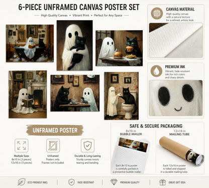 6Pcs Halloween Ghosts Wall Art Ghost Black Cat Funny Gothic Wall Decor Pictures Retro Horror Creepy Dark Academia Poster Prints for Bedroom Gallery Bar Home Decoration 8x10in Unframed