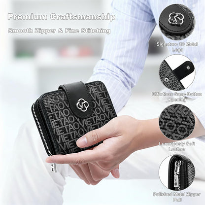 VelaStyle Credit Card Wallets for Women, Leather Cardholder with Zipper Around, Small Rfid Ladies Wallet, Accordion Compact Bifold Purse for Travel, 19 Card Slots, ID Window, Cash Organizer - Black