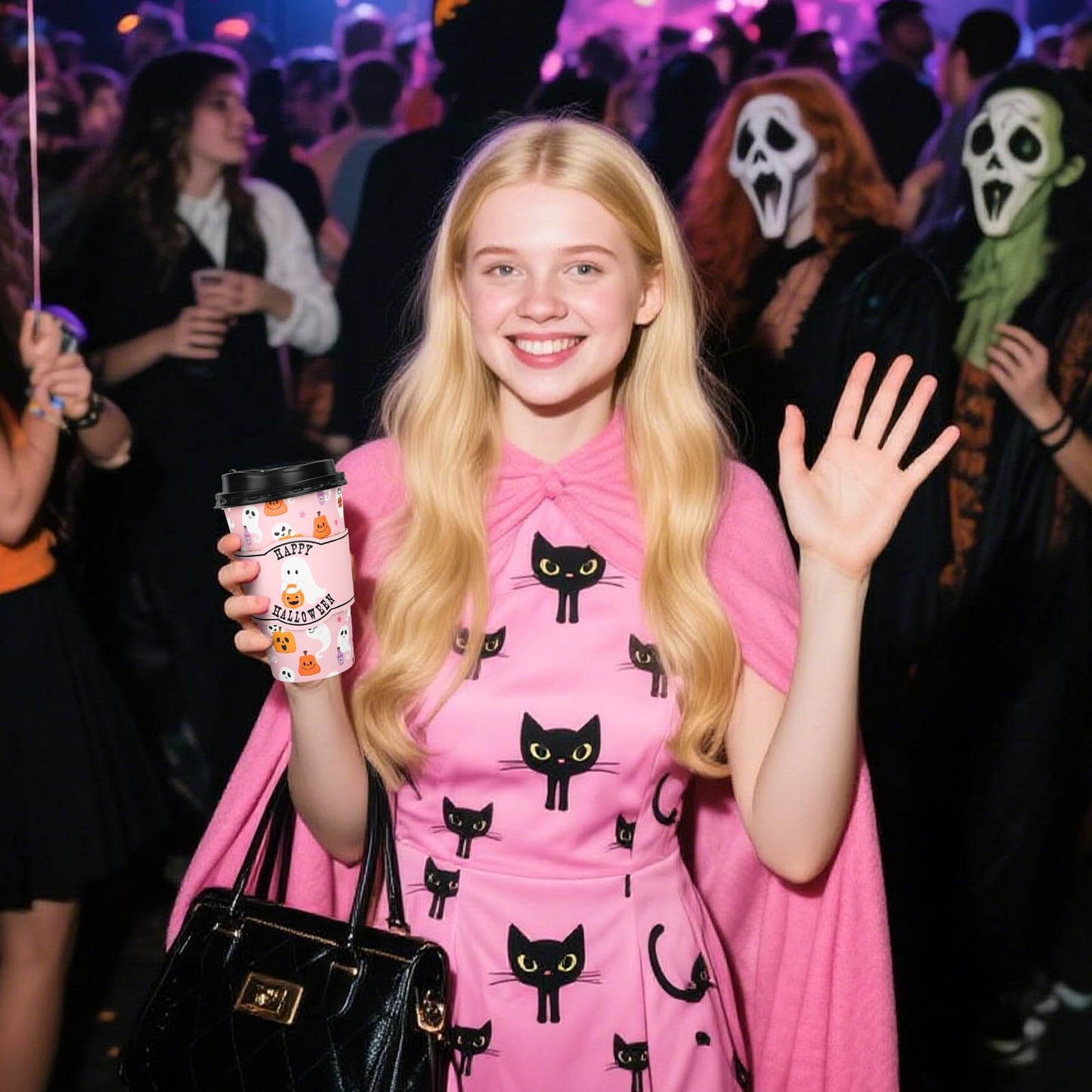Whaline 50Pcs 16Oz Halloween Disposable Coffee Cups with Lids and Sleeves Pink Ghost Boo Pumpkin Paper Drinking Cup for Trick or Treat Birthday Party Supplies